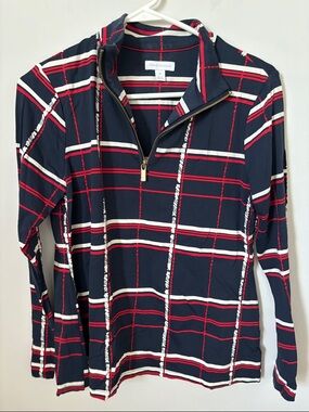 Charter Club Navy Plaid Quarter-Zip Pullover with Red & White Accents